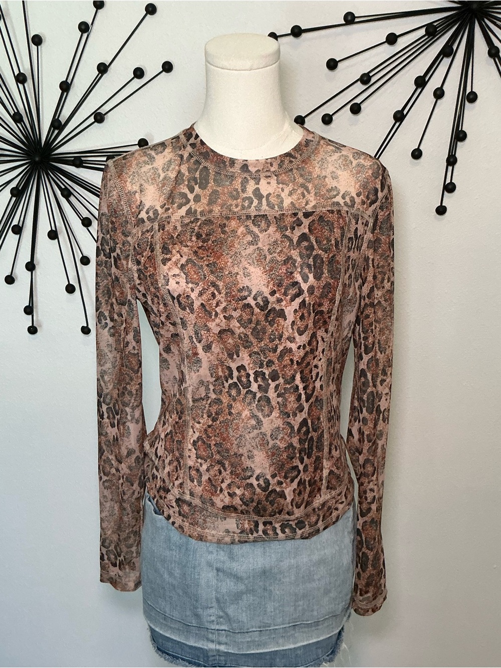 Shein Leopard Print Mesh Long Sleeve Top Size L
